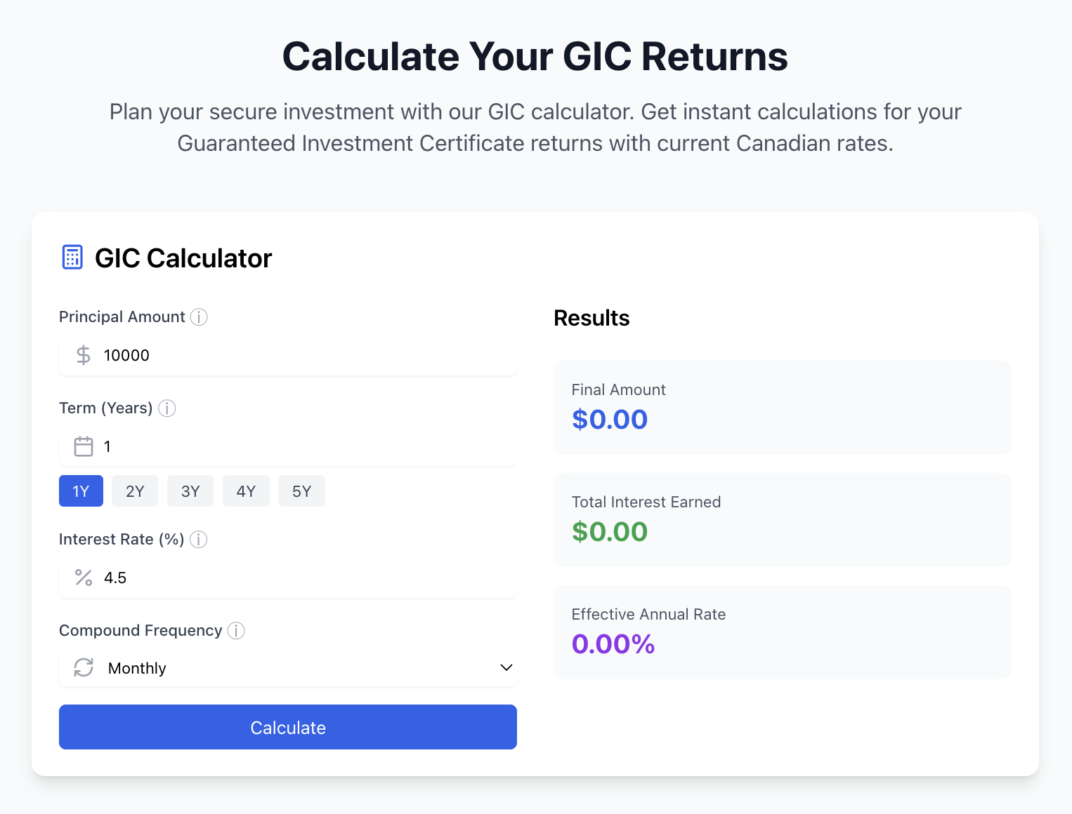 Screenshot of GICCalculator.ca — a five-page financial tool website built to rank for high-intent GIC calculator queries in Canada