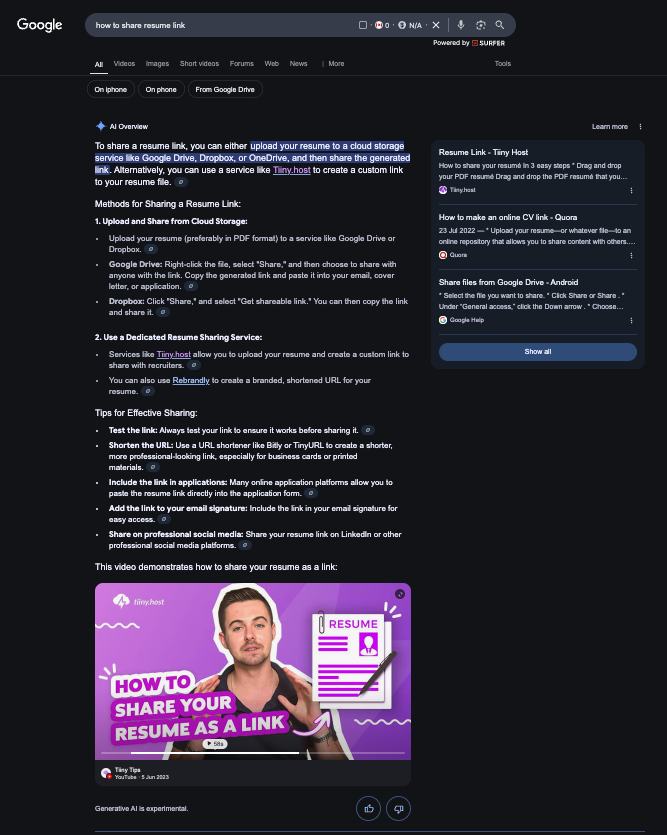 Google AI Overview recommending Tiiny.host for the query 'how to share resume as a link'