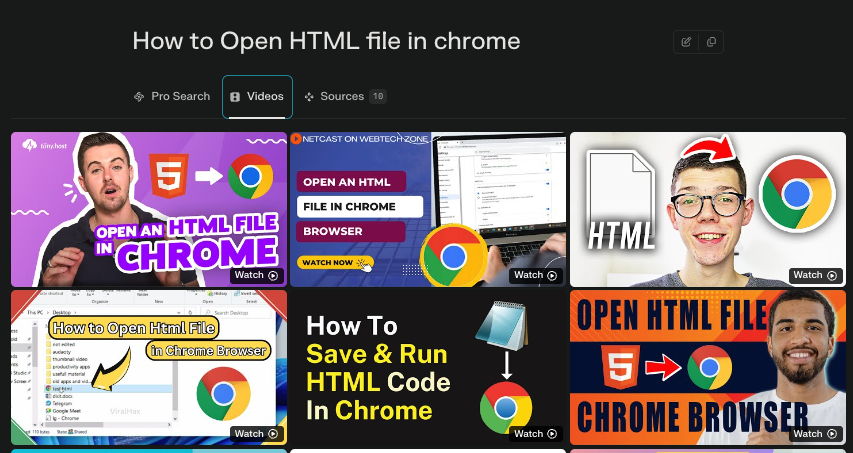 Perplexity Videos tab showing Tiiny Tips ranked #1 for 'how to open html file in chrome'