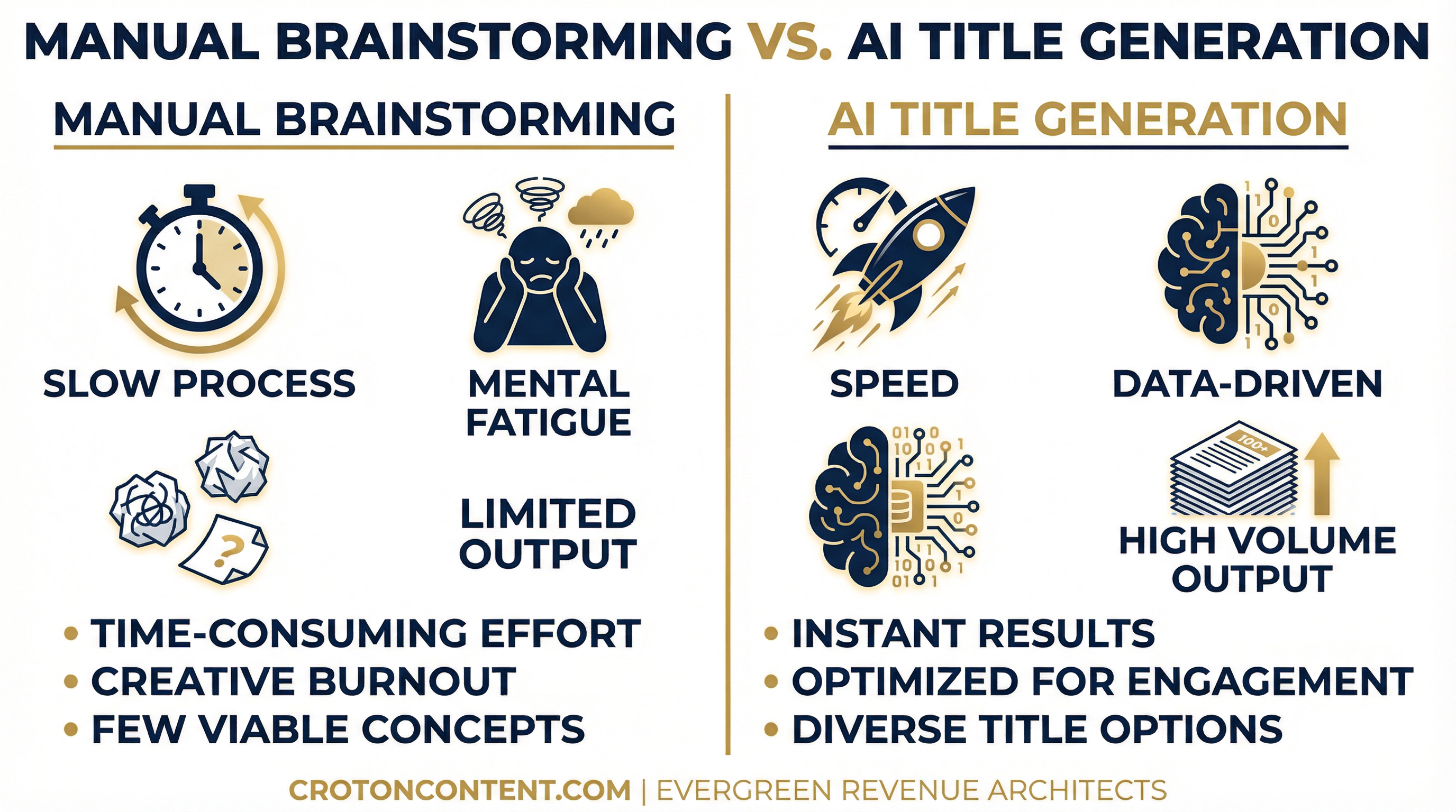 A comparison chart showing manual brainstorming versus AI title generation for YouTube, highlighting speed, data-driven insights, and high volume output of AI tools.