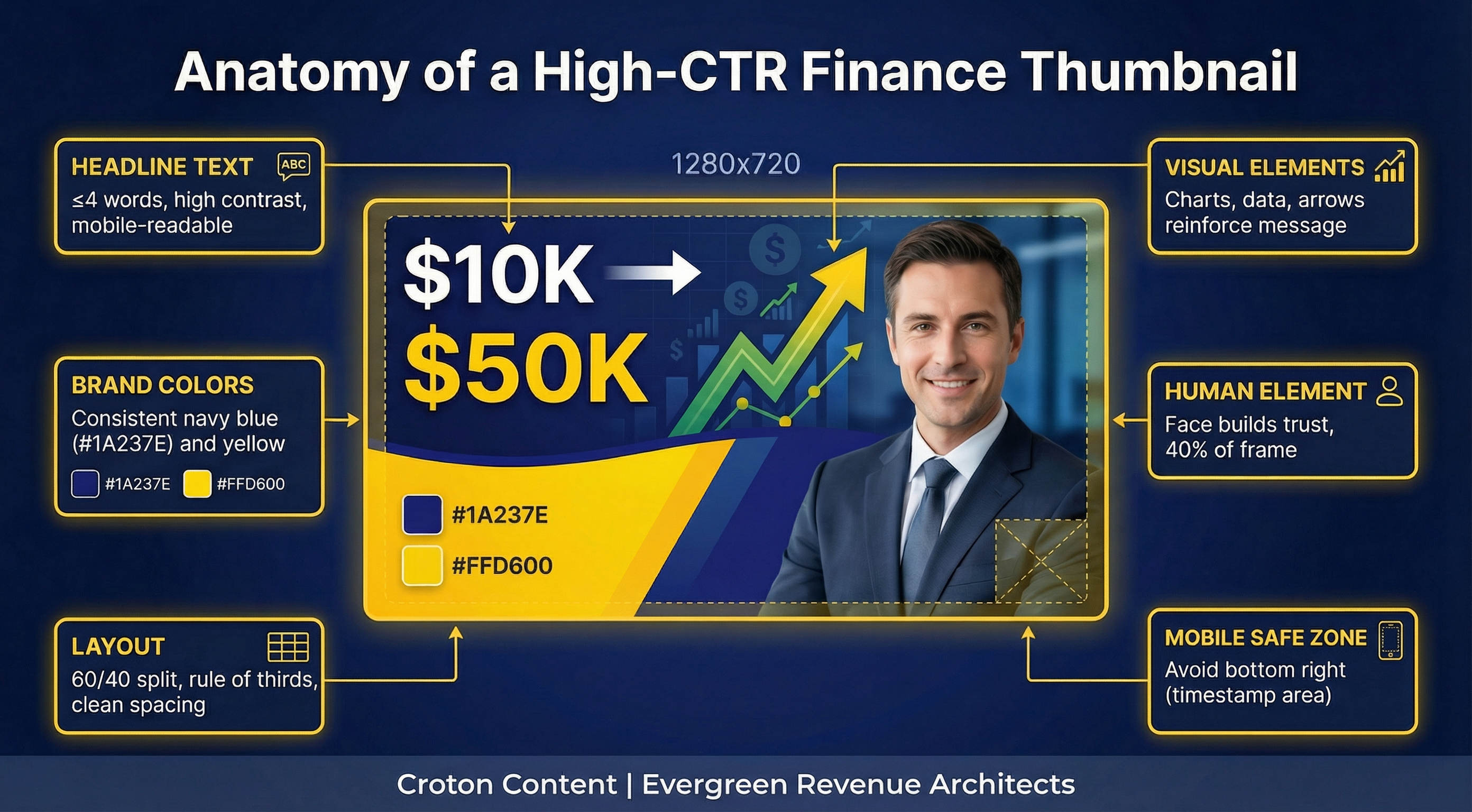 Anatomy of a High CTR Finance Thumbnail - Visual breakdown showing key elements including bold text, high contrast colors, professional imagery, and clear visual hierarchy